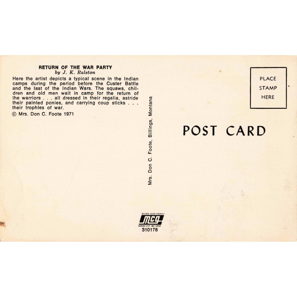 Vintage 1971 J. K. Ralston Return of the War Party Postcard Native American Art - Picture 2 of 2